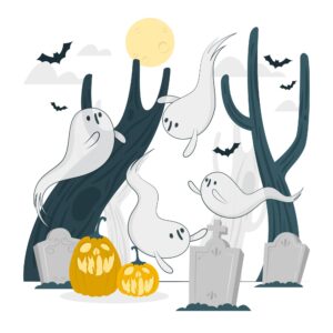 Cartoon ghosts in graveyard